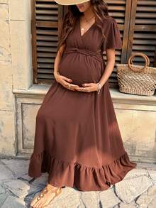 SHEIN Đầm dài bầu màu trơn dáng rộng - Cà phê - Xem 6