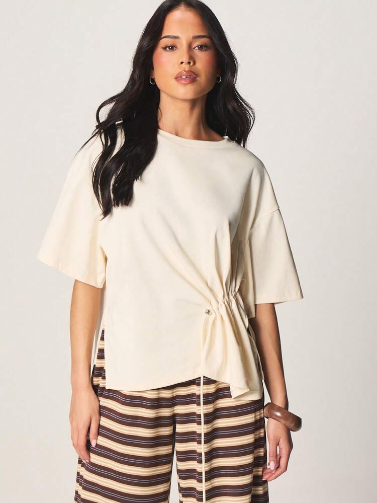 MISSGUIDED Women's Gathered Side Tie Detail Short Sleeve Crew Neck T-Shirt Casual Everyday Basic Top
