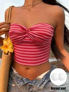 Zyxie Striped Twist Cropped Fitted Summer Fashion Camisole - Red - View 1