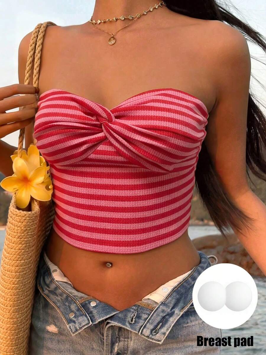 Zyxie Striped Twist Cropped Fitted Summer Fashion Camisole - Red - View 1