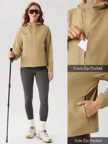 OutZeal Women Water-Resistant Hooded Zip Pocket Outdoor Jacket Hiking Camping - Khaki - View 4