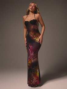 MISSGUIDED Halter Neck Lace Trim Bustier Floral Abstract Print Bodycon Maxi Dress With Backless Design Evening Party Formal Wear - Multicolor - View 1