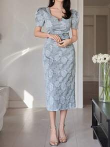 DAZY 女士优雅花卉纹理串珠泡泡袖褶皱不对称中长连衣裙，夏季婚礼宾客礼服 - 藍色 - 查看 7