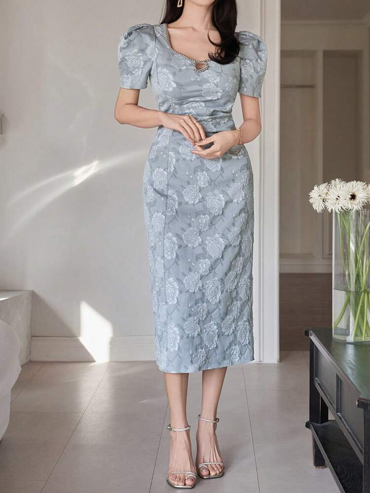 Women's Elegant Floral Textured Beaded Puff Sleeve Pleated Asymmetric Mid-Length Dress, Summer Wedding Guest Dress Sundress