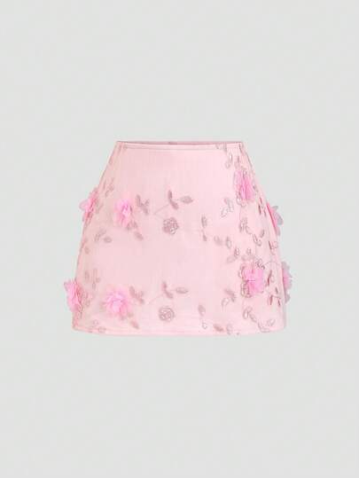 Sweetra Spring/Summer New Elegant Floral Embroidered Slim Fit Vacation Versatile Comfortable Shorts Skirt, Pink