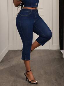 Slaydiva Women's Fashionable Casual Denim Skinny Capri Pants - Dark Wash - View 5