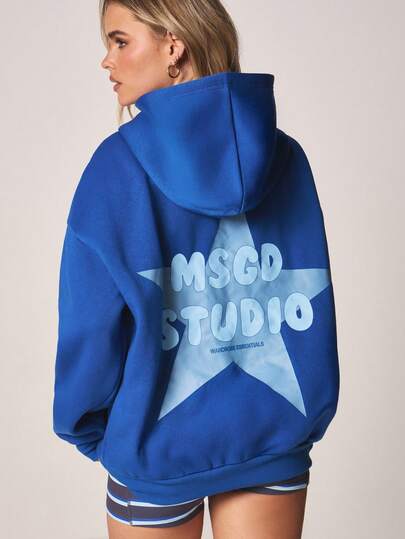 MISSGUIDED Áo hoodie dáng rộng thoải mái với họa tiết ngôi sao in ở lưng, tay dài, chất liệu mềm mại, ấm áp, thích hợp mặc hàng ngày vào mùa thu đông.