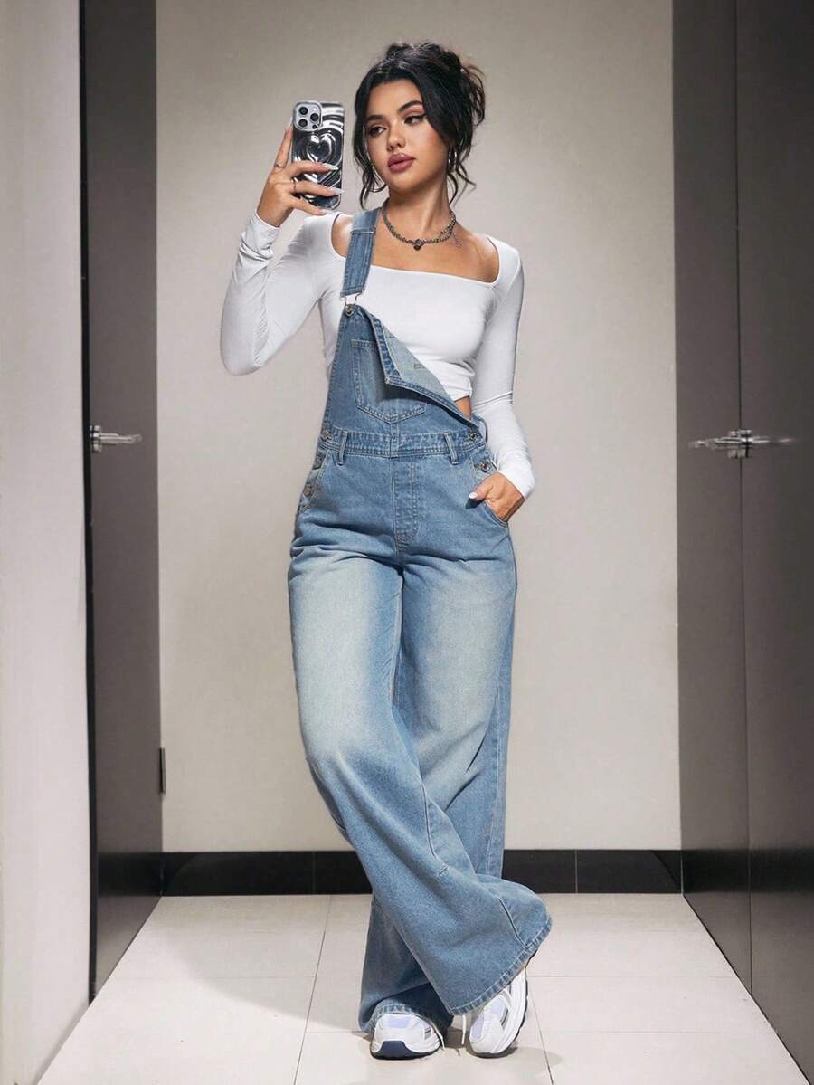 SHEIN PETITE Light Blue Casual Loose Fit Denim Bib Pants With Pockets - Light Wash - View 1