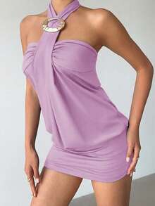 Aloruh Women's Y2K Avant-Garde Sexy Bodycon Halter Metal Button Decor Mini Super Short Clubwear Dress, Black - Lilac Purple - View 7