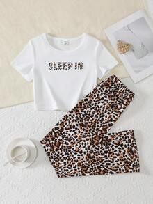 2pcs/Set Fashionable Tween Girl Outfit - White Fitted Short Sleeve Top Paired With Leopard Print Loose Straight Leg Pants, Casual Homewear - Multicolor - View 8
