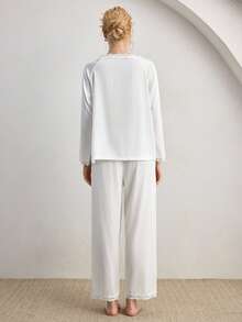Ocili Leisure Silky Satin Lace V-Neck Long Sleeve Pants Comfortable Minimalist Women Pajama Set - White - View 3