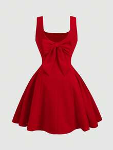 SHEIN Girls' Elegant Square Neck Sleeveless Fitted Bowknot Decor Patchwork A-Line Knit Solid Dress, Red,Kids - Red - View 2