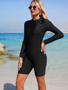 Swim Mulvari 针织假日派对外出海滩新年连衣裙，性感喇叭下摆沙滩裙，纯色搭配黑色金属配饰，冬季圣诞节两件套，无钢圈优雅夏季女士布基尼中东布基尼套装泳装 - 黑色 - 查看 3