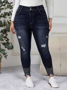 EMERY ROSE Mature Denim 大码女式做旧纽扣口袋水钻装饰休闲日常牛仔裤 - 深色水洗藍 - 查看 4