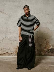 PAVTROS 男士休闲条纹短袖 Polo 衫，男士提花条纹 Polo 衫，情人节，春夏，送男友的礼物，狂欢节，复古，街头风，派对，圣帕特里克节，外出 - 黑與白 - 查看 4