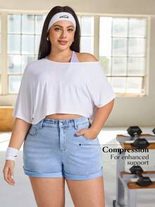 Flexra Plus Size Washed Denim Casual Shorts, Summer - Blue - View 7