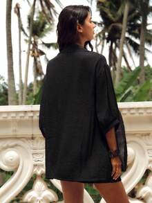 Swim Vcay Black V-Neck Plant Embroidery Lantern Sleeve Casual Vacation Travel Blouse For Women, Spring/Summer - Black - View 2