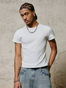 PAVTROS 男士条纹纹理修身短款T恤 - 白色 - 查看 3