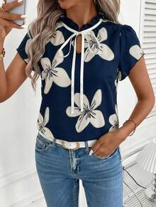 SHEIN Clasi 女士新款时尚优雅荷叶边撞色印花衬衫，适合日常穿着、通勤及各种场合。 - 藏蓝色 - 查看 4