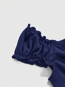 ROMWE Kawaii 女士夏季套装：V领蝴蝶结装饰撞色波点蕾丝拼接修身两件套，上衣+半裙 - 藏蓝色 - 查看 3