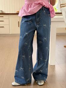 DAZY Tween Girls' Pocketed Button Bow Print Casual Versatile Daily Wear Wide Leg Jeans - Blue - View 3