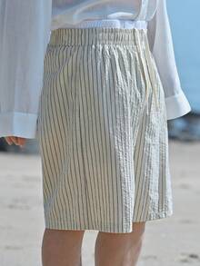 DAZY 男士夏季休闲度假通勤条纹印花抽绳松紧腰短裤 - 藍色 - 查看 3