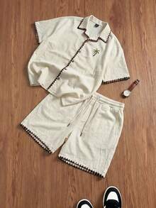 SWAVVY Conjunto de camisas de manga corta bordadas para hombre, primavera/verano - Albaricoque - Ver 3