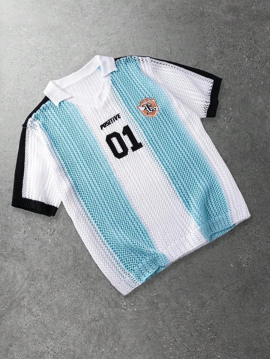 ROMWE MEN Prep Áo thun nam tay ngắn phối màu tương phản, cổ khoét rỗng, kiểu dáng thường ngày. - Màu xanh nhạt - Xem 1