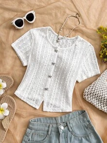 Soleia 女士度假杏色和白色纹理针织圆领开衫，饰有精致蝴蝶结和金属纽扣，修身下摆开衩，适合度假、约会、下午茶、海滩、邮轮、城市旅行、音乐节、波西米亚风度假等场合。 - 白色 - 查看 5