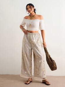 Freevana 大码亮片拼接弹力腰休闲裤 - 卡其色 - 查看 6