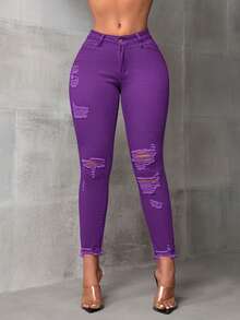 SHEIN SXY Solid Color Casual Slim Fit Everyday Versatile Jeans - Purple - View 2