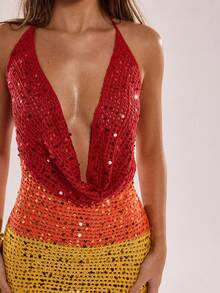 SHEIN BAE 时尚性感渐变亮片撞色夏季新款韩版度假针织吊带连衣裙 - 彩色 - 查看 6