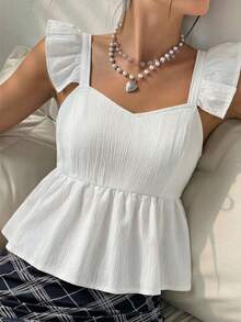 少女短袖A字纹理衬衫，荷叶边袖口上衣，适合度假、旅行、休闲外出、春夏穿着 - 白色 - 查看 5