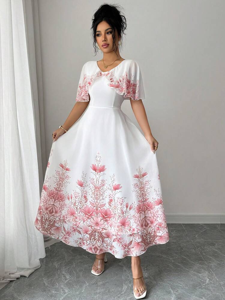Modelyn Vestido Chiffon com Estampa Floral de Decote em V para Mulheres, Vestido Elegante e Romântico para Férias - Multicolorido - Visão 4