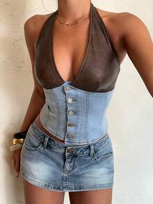 Aloruh Women's Light Blue Summer Rave Halter Denim Blouse,Fashion Contrast Color Patchwork Backless Top For Party,Cocktail,Vacation,Wedding Guest&Western - Blue - View 6