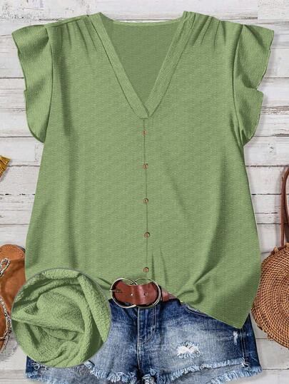 SHEIN LUNE Women's Green Casual Minimalist Shirt, Suitable For Summer