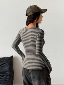 SHEIN HypeZone Women's Autumn Lace Trim Mock Layered Long Sleeve Striped T-Shirt - Grey - View 2