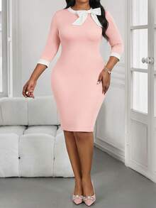 SHEIN Lady 加大码蝴蝶结前紧身连衣裙 - 粉色 - 查看 3