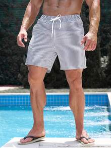 Zalmeno Pantalones cortos casuales de playa con estampado de rayas, bolsillos en diagonal y cordón en la cintura para hombres - Multicolor - Ver 4