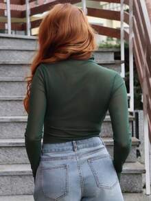 SILVIA DI SANTO 斯德哥尔摩风格，女士教师装，秋季服装，高领高领针织上衣，优雅秋冬衬衫，网眼长袖衬衫，商务休闲女士基本款上衣 - 墨綠色 - 查看 2