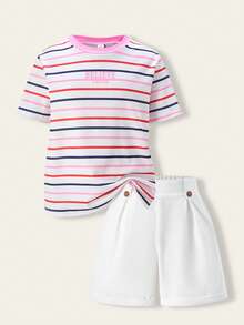Casuvi Kids 2pcs Tween Girls T-Shirt Set,Blue And White Stripe,Pink Letter Print Round Neck Short Sleeve Tee&White Shorts,Summer,Casual,School,Back-To-School Wear - Pink - View 12