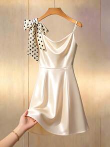 Franclia Women's Fashion Summer Party Bow Tie Strap Dress White  Polka Dot Bow Vintage Dress Polka Dot Bow Dress - Apricot - View 7