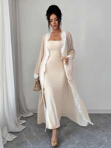 SHEIN Elenzya Women's Lace & Sequin Patchwork Sheer Chiffon Long Cardigan & Slip Dress 2 Pieces Set, Fashionable & Flowy Summer Outfit - Apricot - View 3