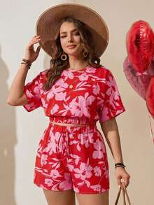 Comfylo 大码印花上衣短裤两件套，休闲度假装 - 紅色 - 查看 7