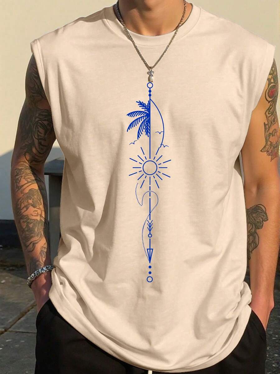 Manfinity Homme Men's Minimalist Printed Sleeveless Round Neck Tank Top - Khaki - View 1