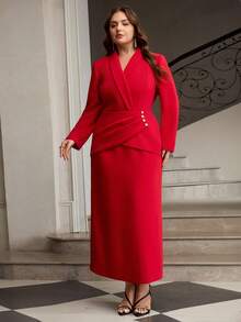 ZEYLAH Elegant Waist Cinched Fitted Long Dress With Suit Collar - Red - View 4
