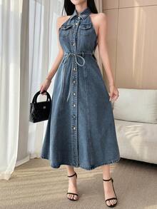 DAZY Women's Casual Washed Pocket Belt Sleeveless Denim Dress, Summer - Blue - View 6