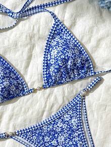 Swim Mod 女士波西米亚风印花沙滩装套装，性感挂脖比基尼泳装 - 藍白色 - 查看 7