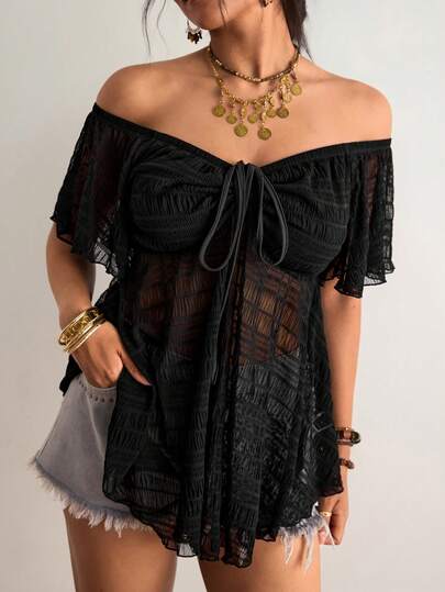 Freevana Plus Size Women Off-Shoulder Twist Design Fashionable Versatile Top For Dates & Outings Off-Shoulder Top, Sheer Sexy Top, Romantic, Vacation, Outing, Date, Party, Going Out Tops