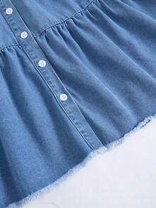 Elladie kids 少女短袖牛仔连衣裙，休闲舒适纽扣装饰蝴蝶结牛仔连衣裙，时尚街头风百搭轻盈面料，春夏新款 - 中等水洗藍 - 查看 4